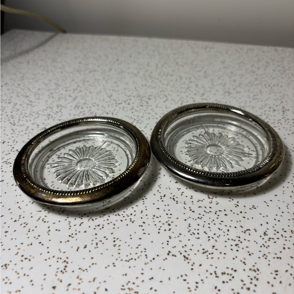 Pair of 2 vintage silver plate / glass coasters